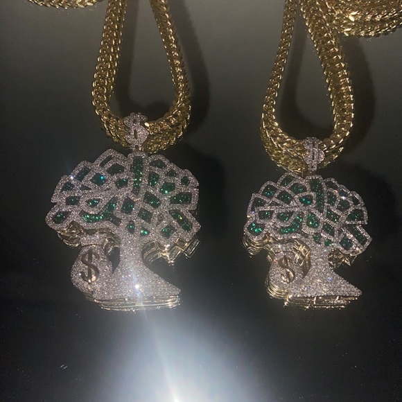 His and hers gold Money Tree pendants w/ real diamonds and Franco chains! - Picture 1 of 7